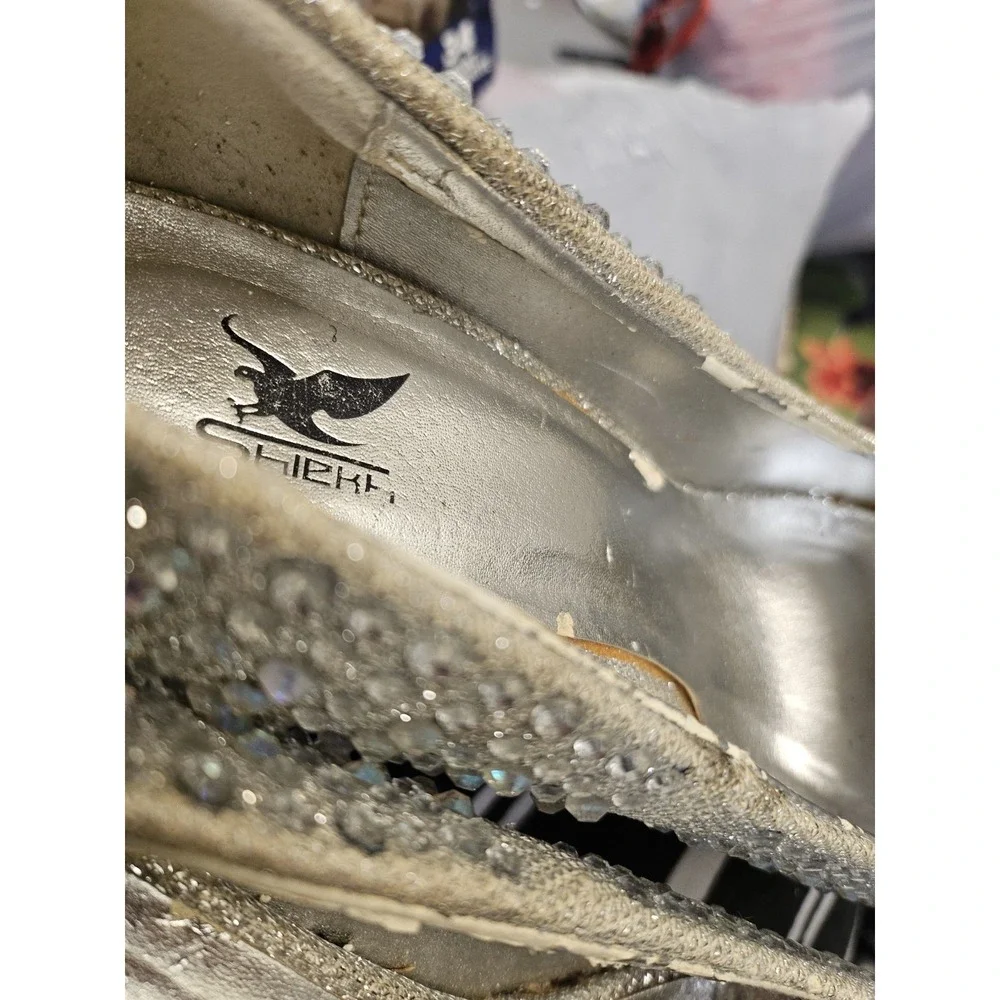 Shierrt Women's Silver Rhinestone Platform Heels Round Toe Slip-On Size 6